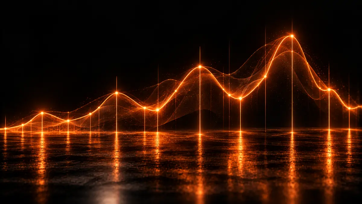 Glowing orange load curve with markers over a dark floor