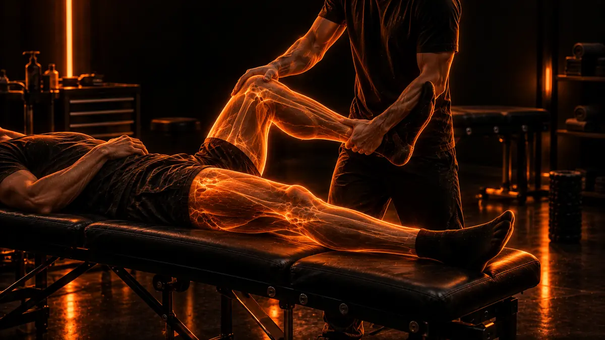 Physiotherapist working on an athlete's leg on a treatment table