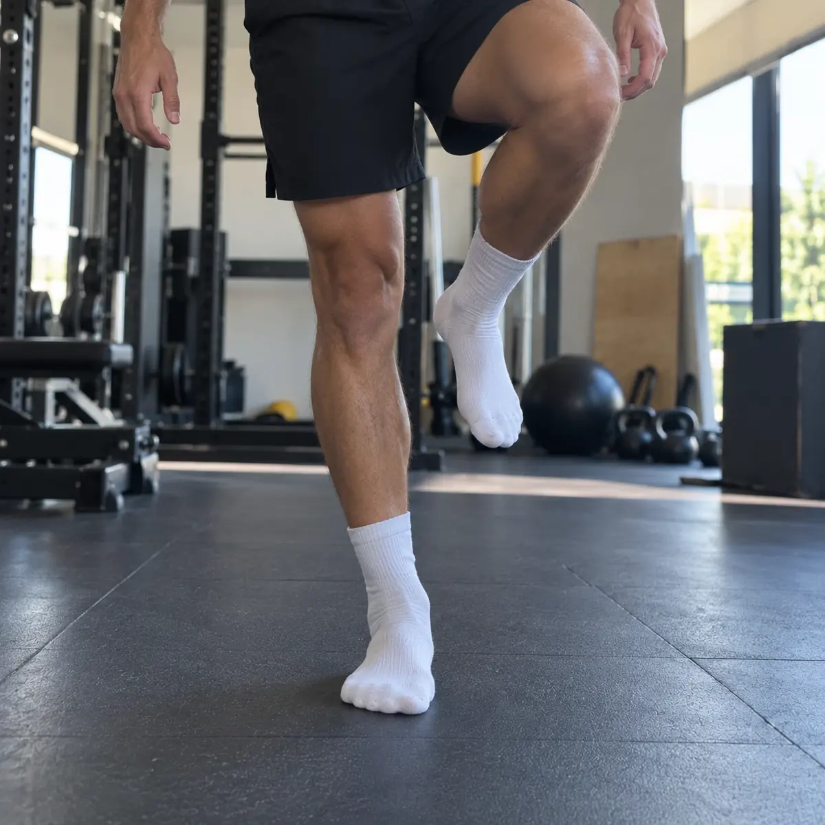 Athlete standing on one leg on a gym floor, other knee raised